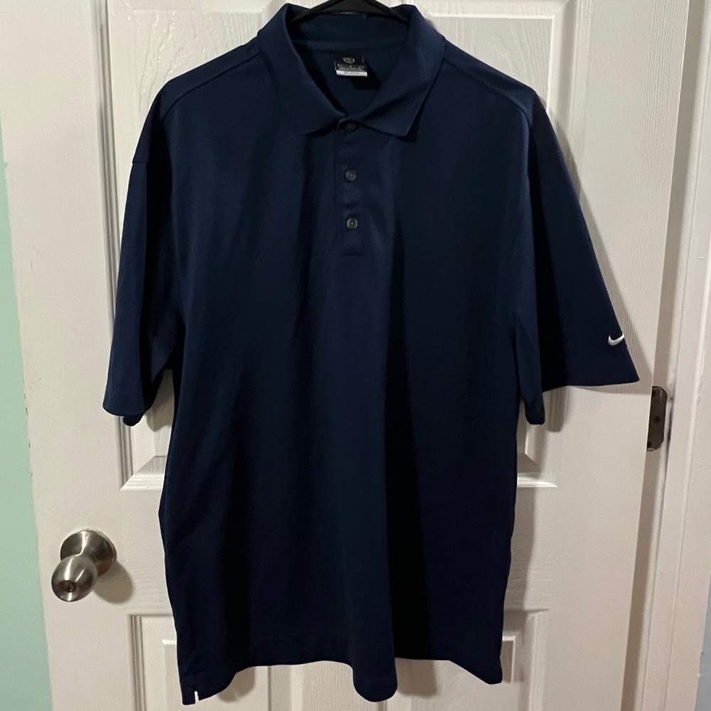 Nike Golf Polo Shirt Men's L Blue Dri-Fit UV Solid Swoosh Logo Activewear